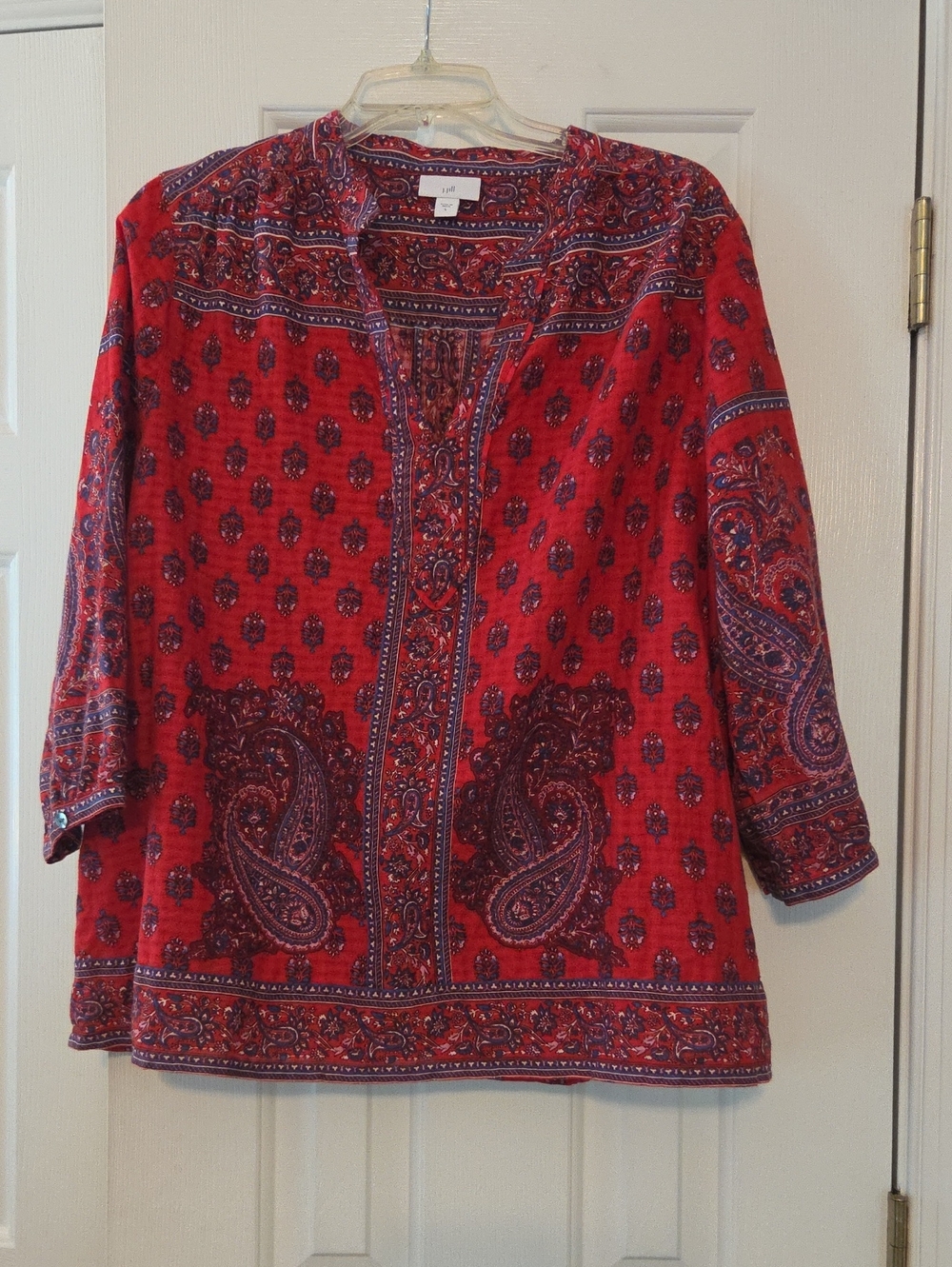 J. Jill Red and Navy Paisley Blouse 3/4 Sleeve With Button. 100% Cotton.